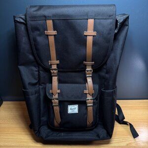 Herschel Little America Backpack 30L Bag Black and Brown Leather Straps School
